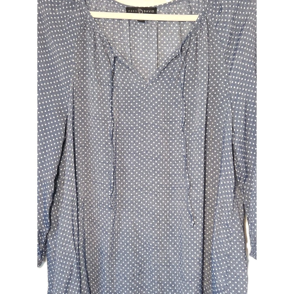 Women's Peasant Top Blue Dot Blouse Shirt Tie Fred David Boho Large - Picture 6 of 11